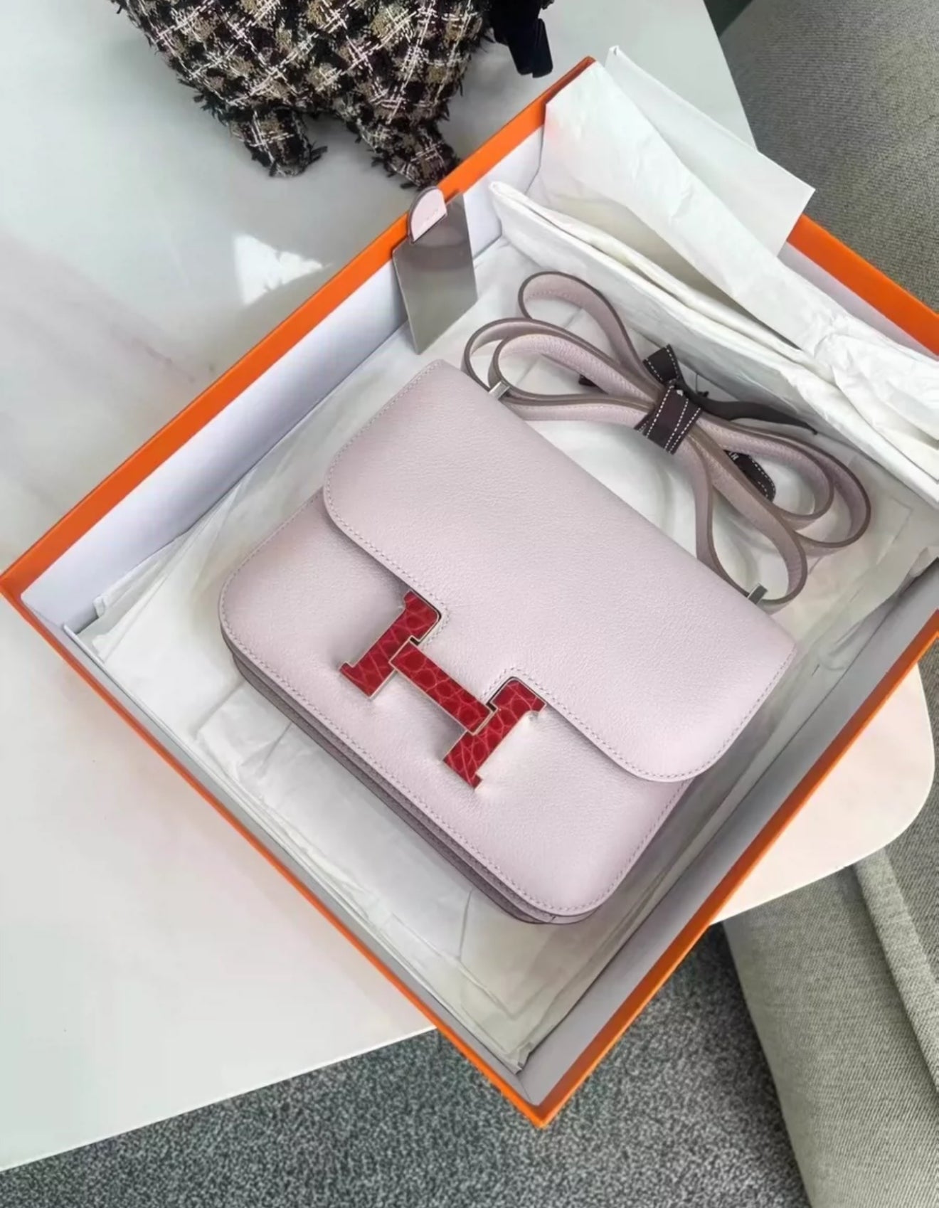 Hermes Constance mini touch Mauve Pale/ Red crocodile