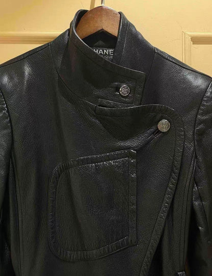 Chanel 97A black leather coat with belt