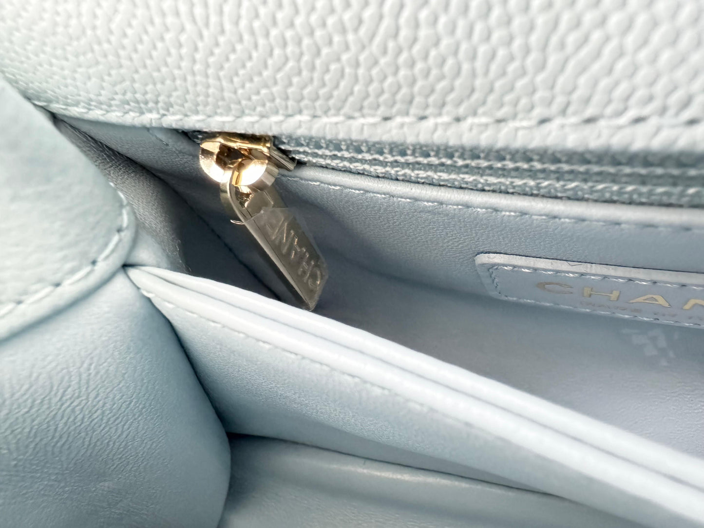 Chanel baby blue grained leather mini coco handle with light gold hardware