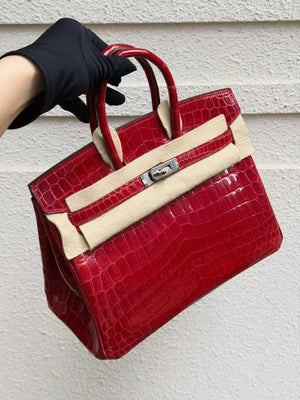 Rare* Hermès Birkin 25 Ferrari Red shiny alligator leather palladium hardware