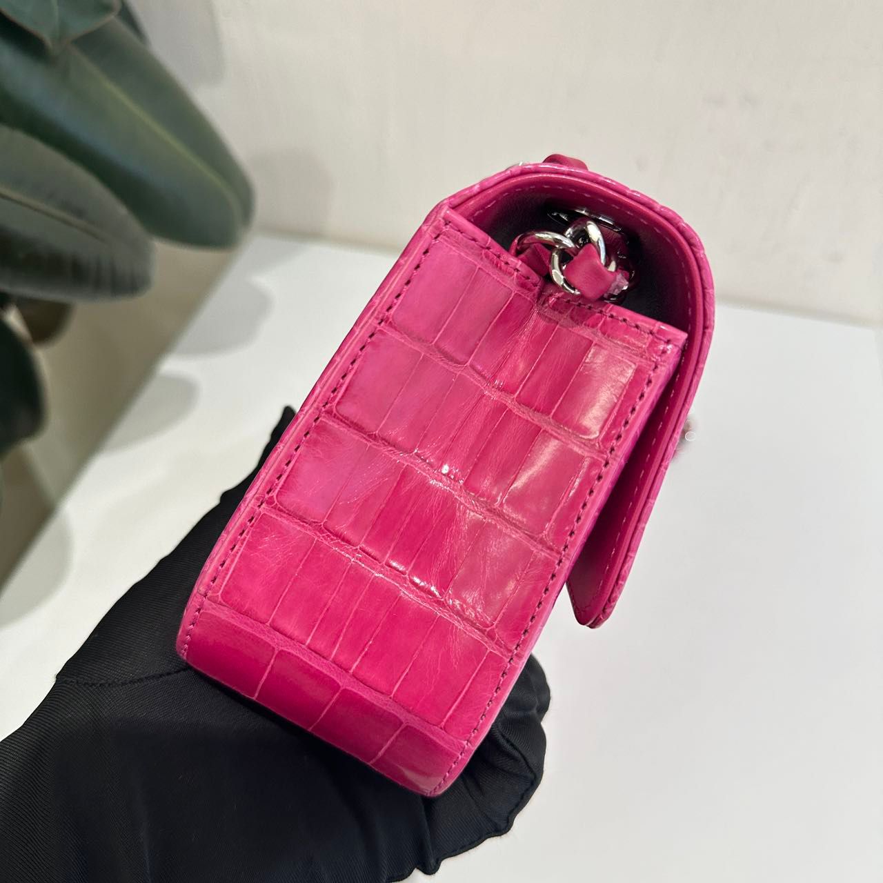 Chanel pink Alligator leather mini flap silver hardware