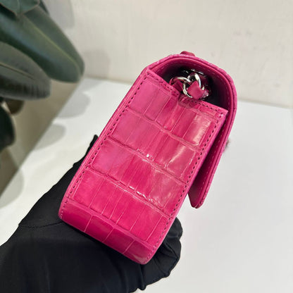 Chanel pink Alligator leather mini flap silver hardware
