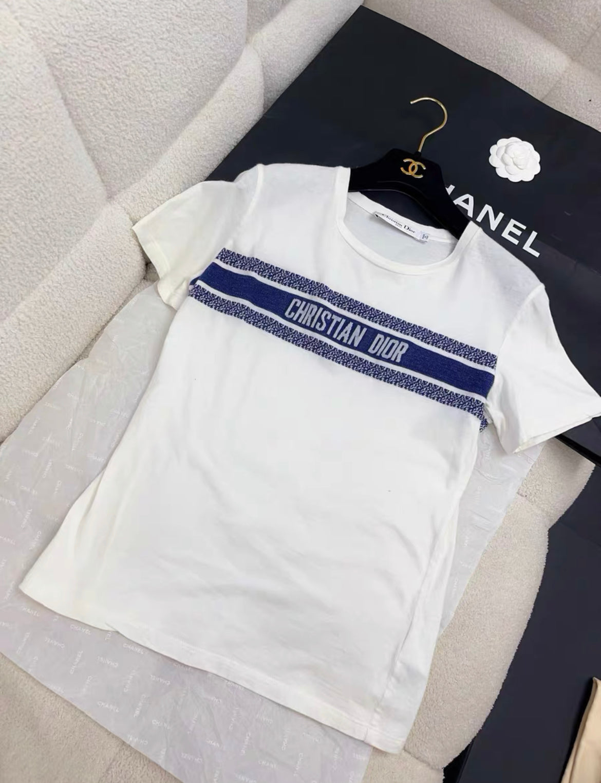 Dior T-Shirt White and Navy Blue Cotton Jersey size XS