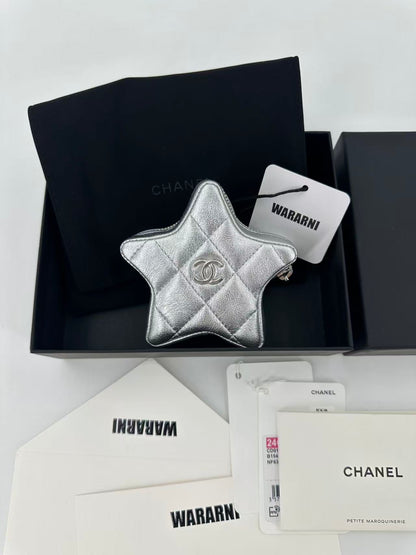 24C Chanel Mini Silver metallic lambskin STAR CC Logo Coin Purse charm