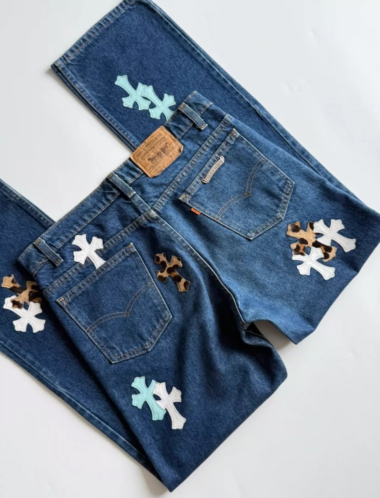 Chrome Hearts blue washed denim with baby blue white leopard print cross patchwork