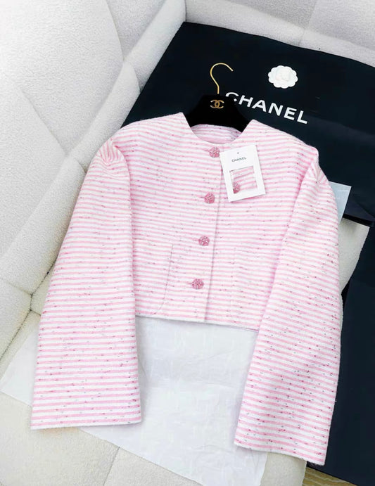 Chanel 24C pink and white striped glitter jacket size 38