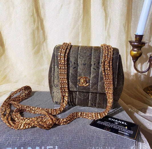 Chanel Vintage Green Satin Brocade mini flap in Gold Hardware