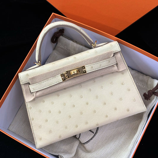 Hermès Mini Kelly 20 Craie Ostrich with Gold Hardware