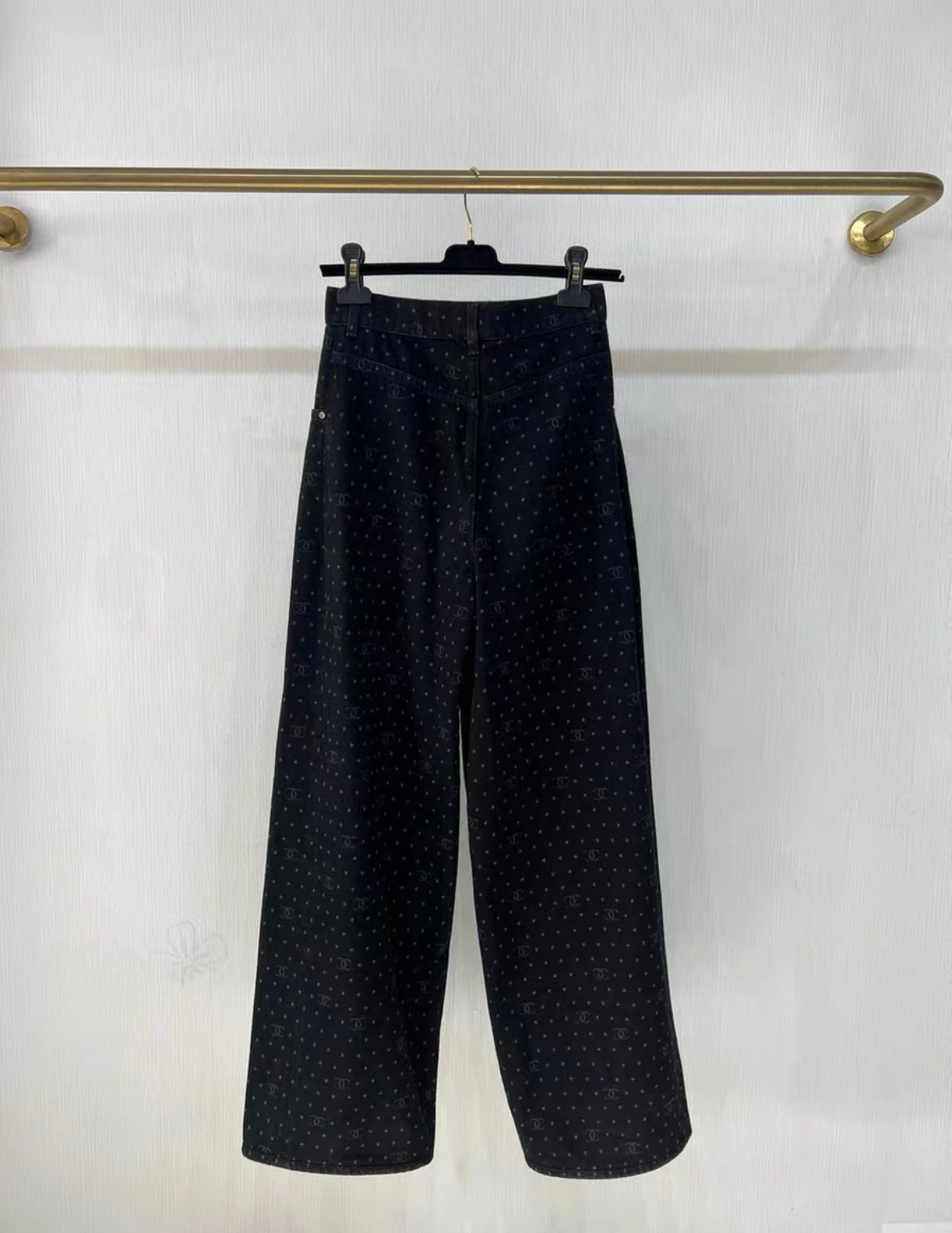 Chanel 23p popular black polka-dot denim wide-leg pants in size 34