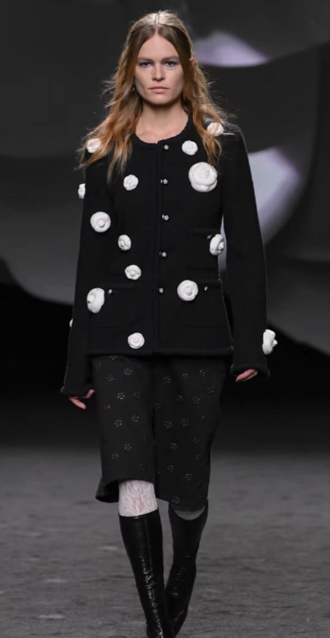 Rare Chanel 23K black tweed with white camellia flowers