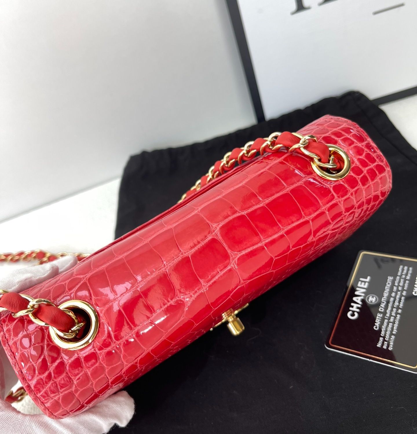 CHANEL Red Shiny Alligator Classic Mini Flap Bag with Gold Hardware