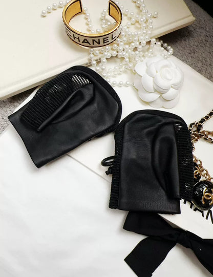 Chanel black mesh leather bow gloves