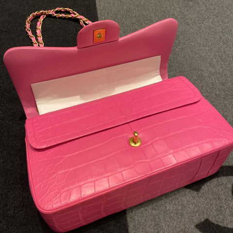 Super Rare Chanel Medium flap Pink Barbie Matte Crocodile leather with gold hardware