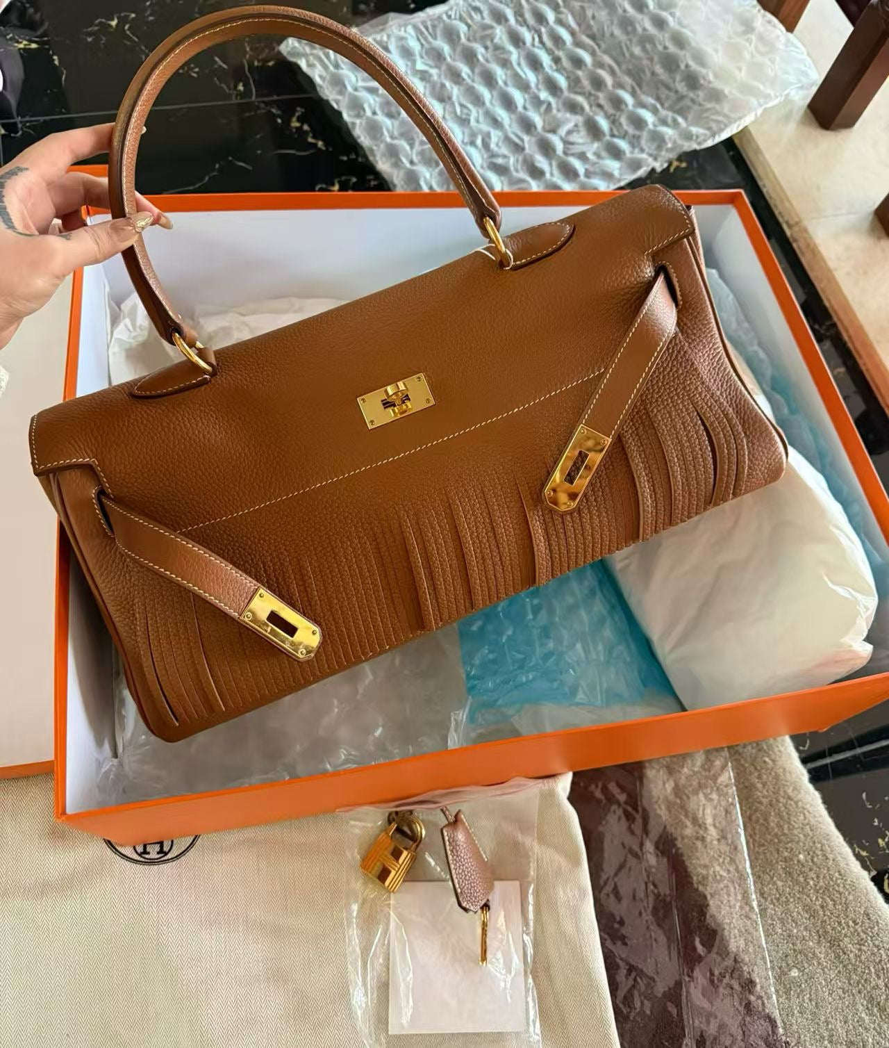 Hermes shoulder kelly Fringe Gold Togo Leather gold hardware