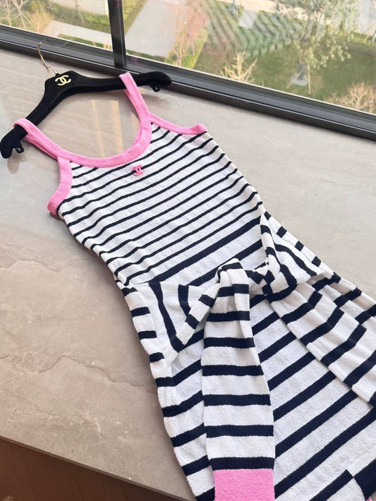 Chanel 24s Pink, Black and White Striped Knit Dress