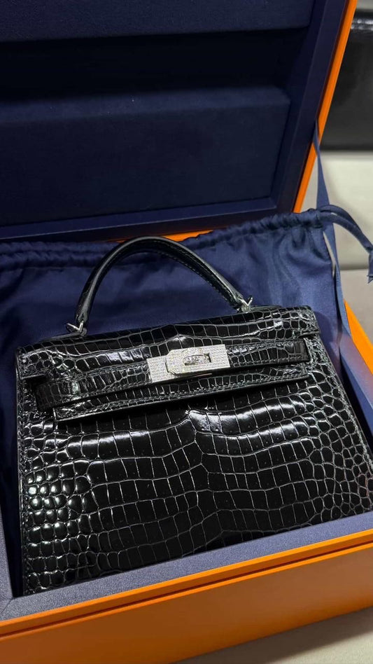 Hermes Mini Kelly 20 Black Shiny Porosus White Gold Diamond hardware
