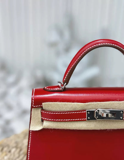 Rare Hermès Mini Kelly Ferrari red box leather with white stitching palladium hardware