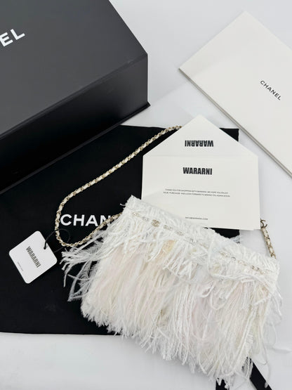 Chanel 25S Embroidered Tweed, Feathers, Imitation Pearls & Gold-Tone Metal Clutch in White