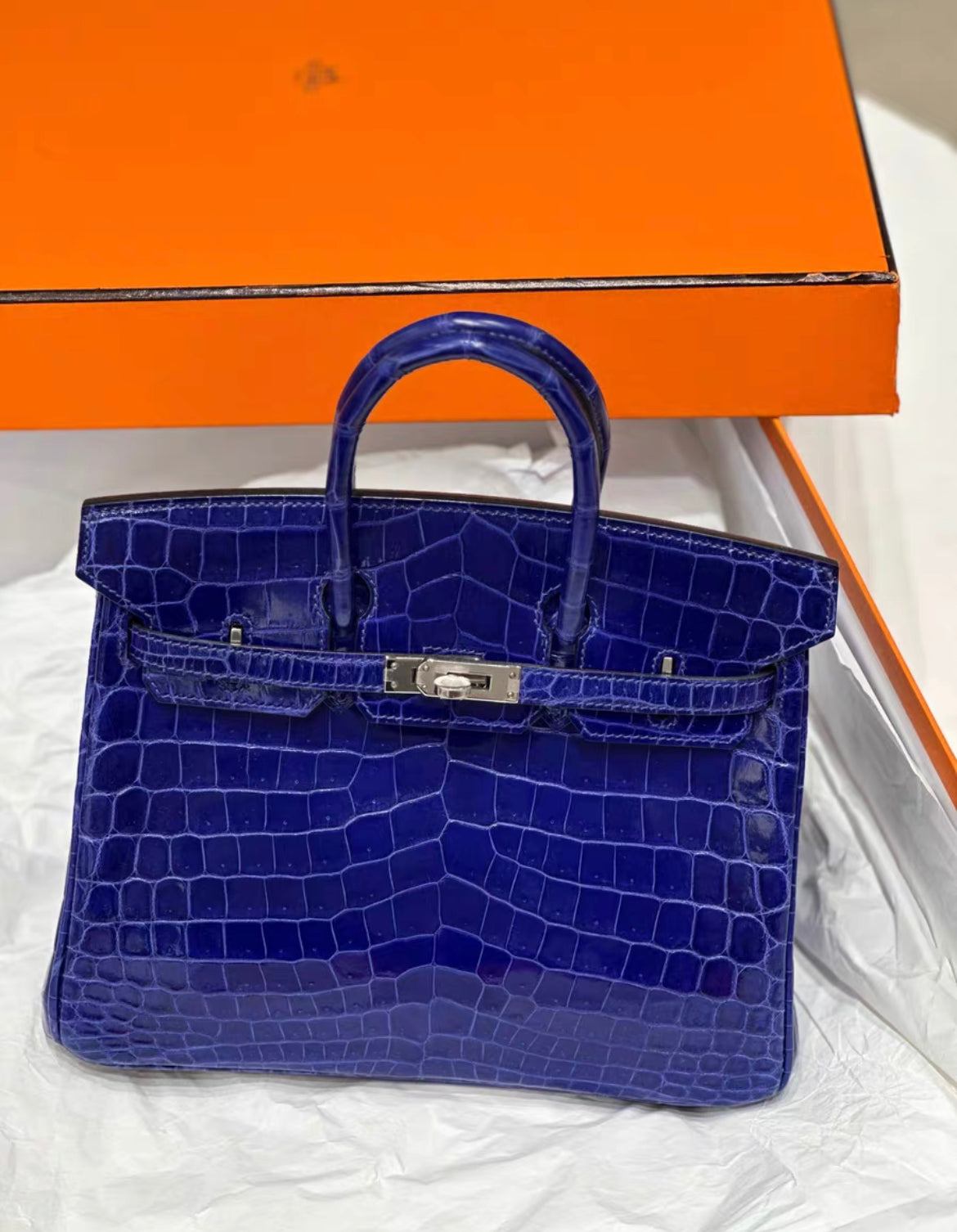 Hermès Birkin 25 Bleu Electric Shiny Niloticus Crocodile Palladium Hardware