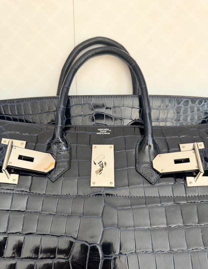 Hermes Birkin HAC 50 Haut A Couroies Bleu Marine shiny Porosus Crocodile Palladium Hardware