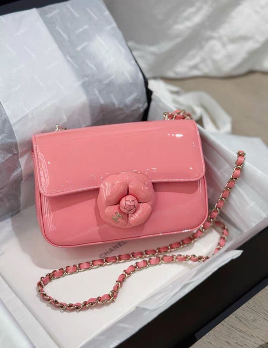 CHANEL 23K Pink Patent Camellia Single Flap Bag Light Gold Hardware