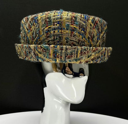 Chanel 19A Gold, Blue 
Gray Tweed Boater Hat
