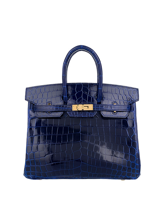 Hermes Birkin 25 Blue Sapphire Shiny Crocodile Leather Gold Hardware