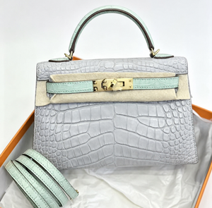 Hermes Mini Kelly 20 HSS gris Perle x vert d’eau matte alligator gold hardware