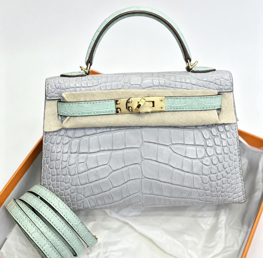 Hermes Mini Kelly 20 HSS gris Perle x vert d’eau matte alligator gold hardware