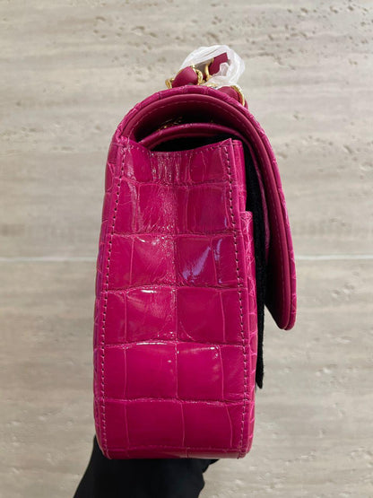 Chanel Medium Pink crocodile Alligator Flap Bag Gold Hardware