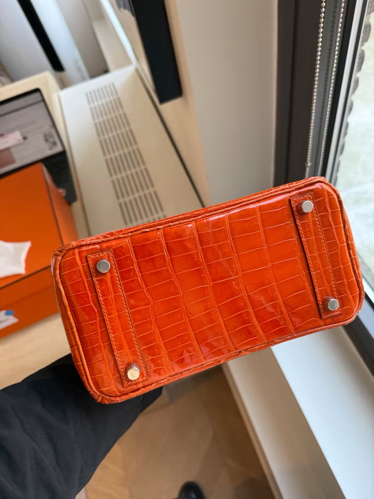 Hermes Birkin 25 Orange Shiny croc Leather Palladium Hardware