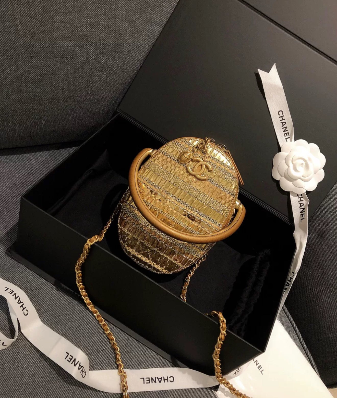 Chanel 19A Egyptian Gold Tweed Runway Handle Crossbody Bag