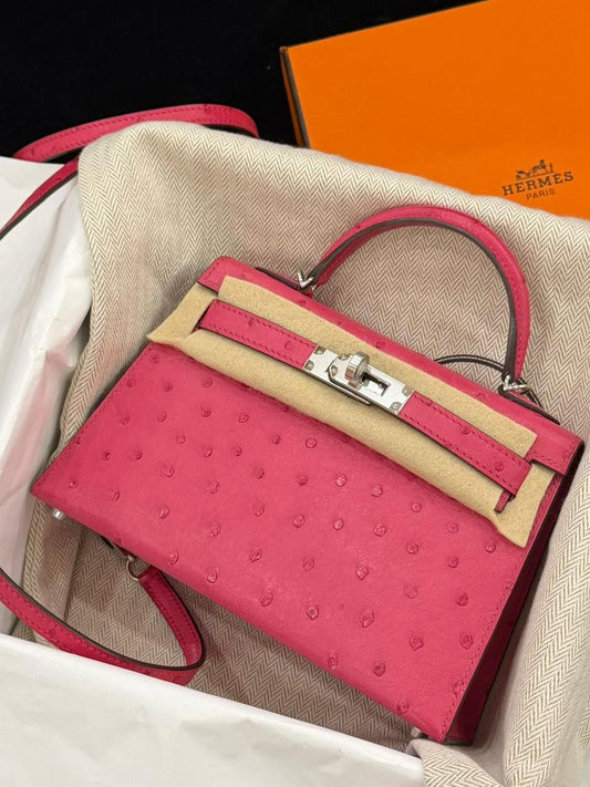 Hermes mini kelly 20 Rose Tyrien Ostrich leather palladium hardware