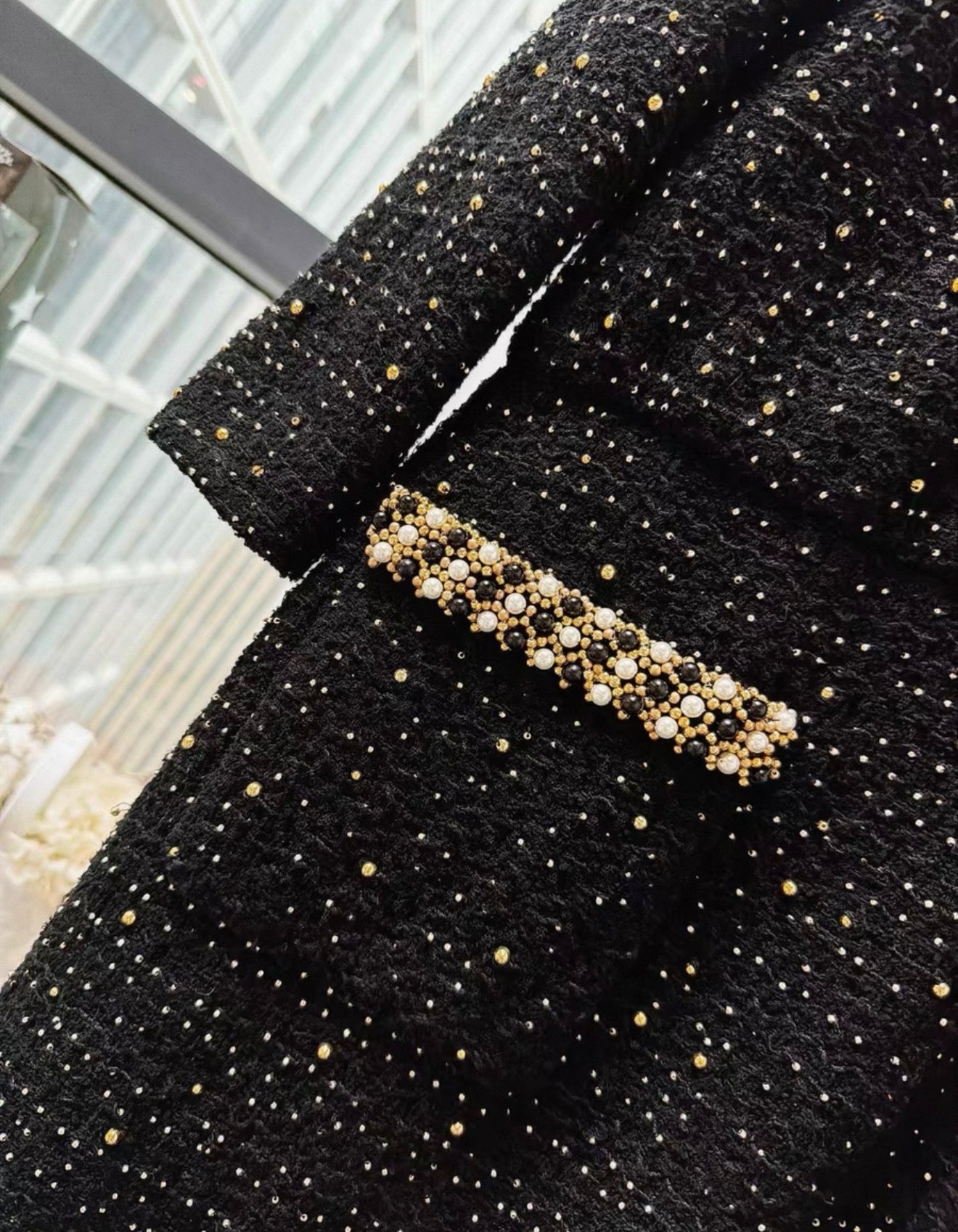 Chanel 21A black tweed mesh pearl sequinned long dress