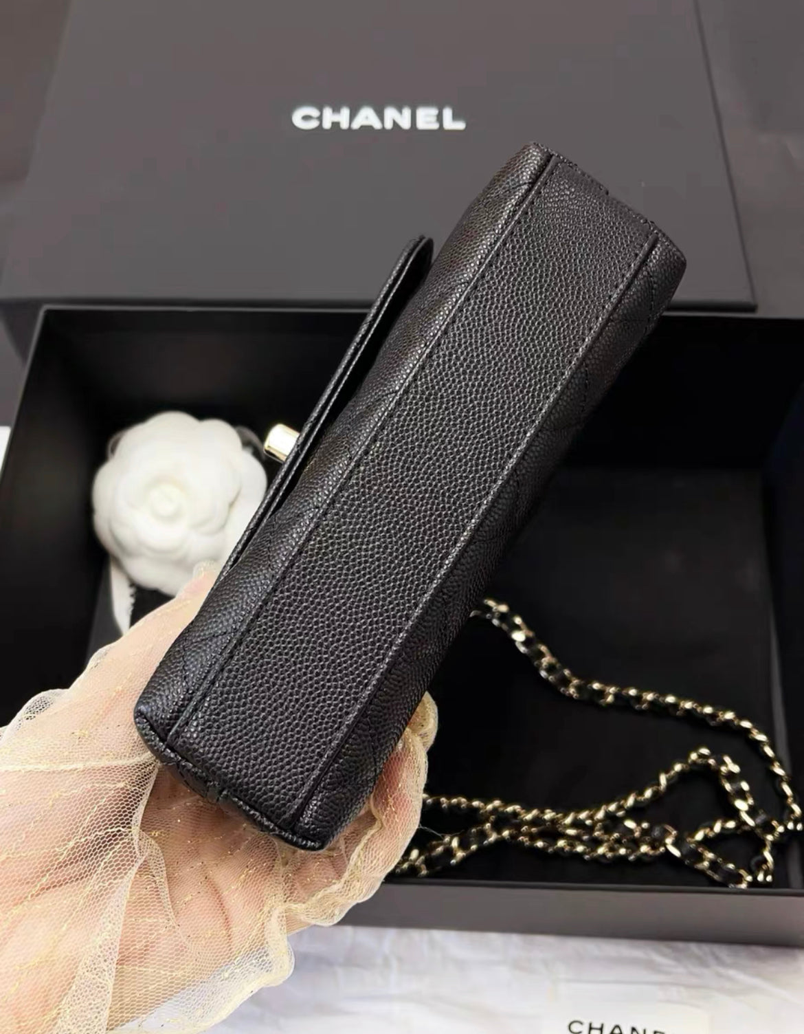Chanel 24K Nano Coco Top Handle Flap Bag Black Caviar Light Gold