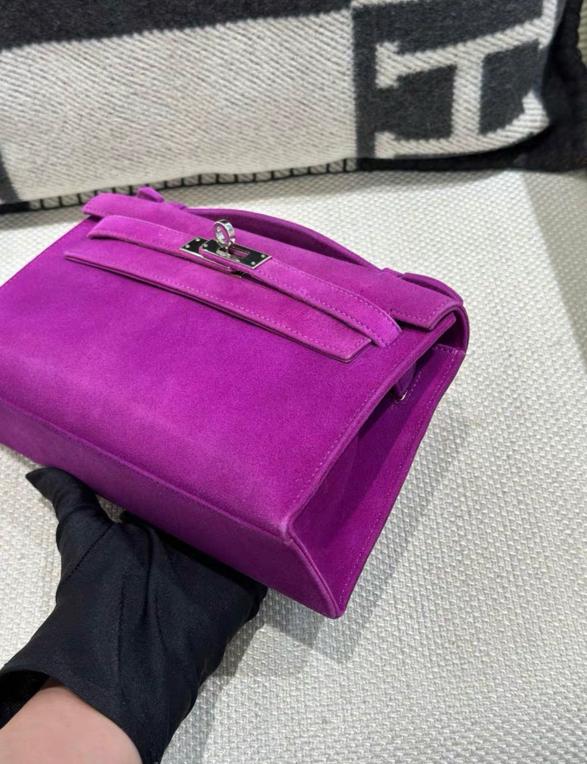 HERMÈS KELLY POCHETTE VIOLET VEAU DOBLIS SUEDE PALLADIUM HARDWARE