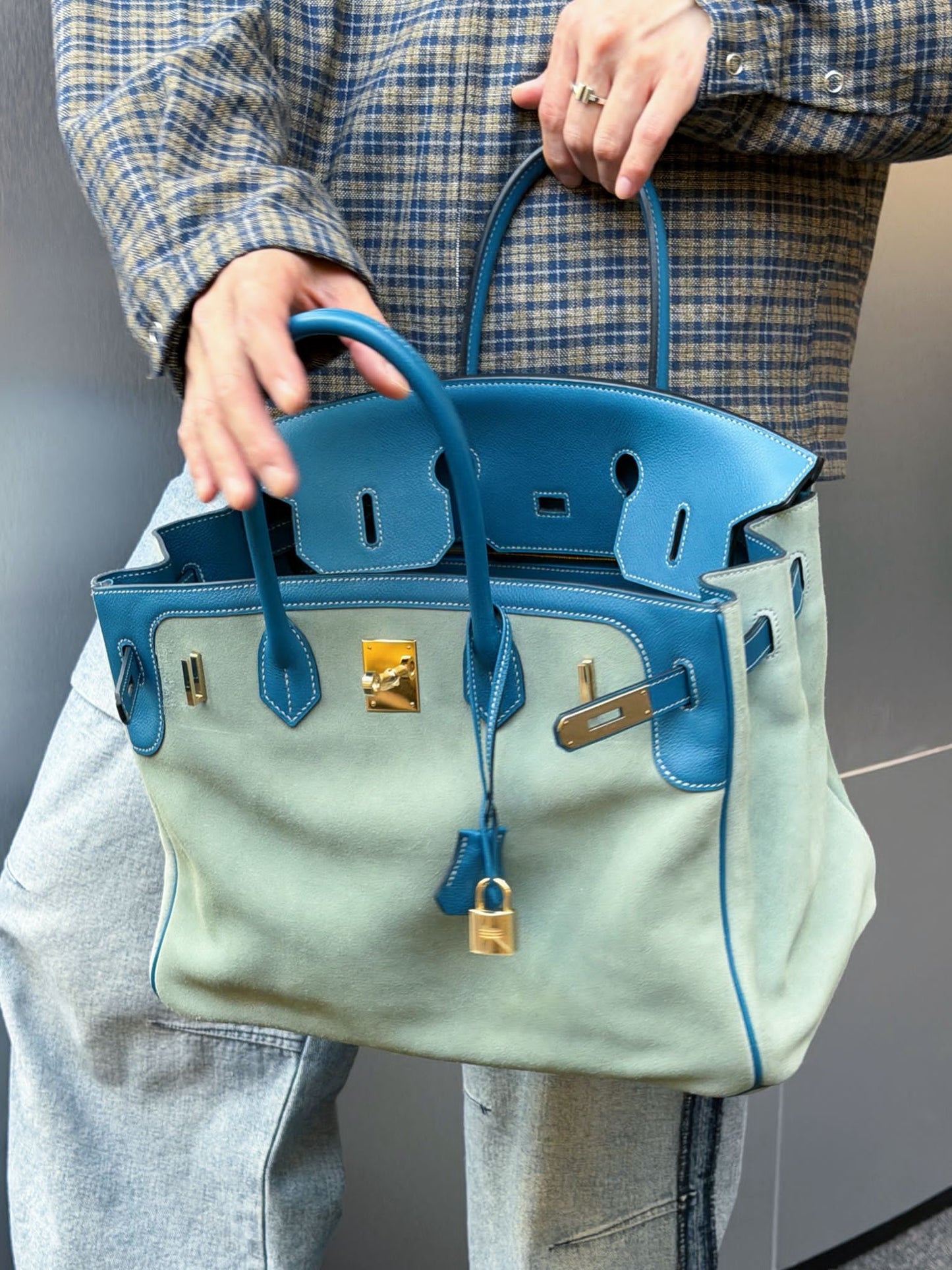 RARE Hermes Birkin 35 Grizzly Blue de Galice Evercolor Blue Ciel Doblis Permabrass hardware