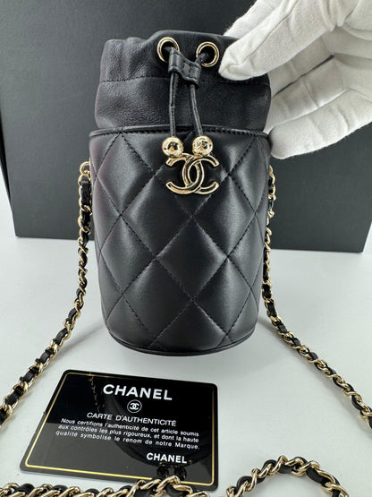 Chanel Black leather mini bucket bag silver hardware