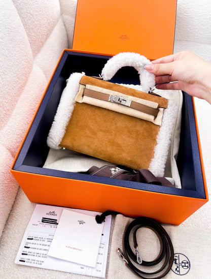 HERMÈS KELLY MINI TEDDY PLUSH SHEARLING CHAMOIS/ECRU/ALEZAN PALLADIUM HARDWARE