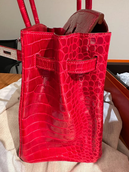 Hermès Birkin 35 Rouge Braise Shiny Porosus Crocodile 18K White Gold and Diamond Hardware