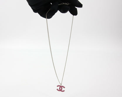 Chanel Vintage 04P Enamel Peach Pink CC Silver Chain Necklace