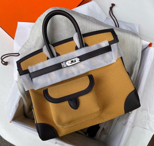 Hermes Birkin 25 Cargo Paille Toile & Bai Brun Swift Palladium hardware