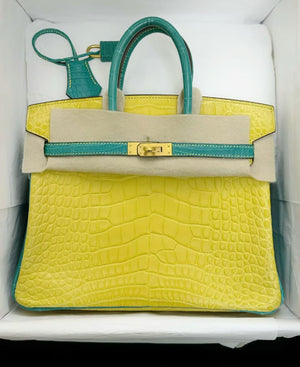 Hermes Birkin 25 HSS mimosa x blue paon matte alligator leather gold hardware