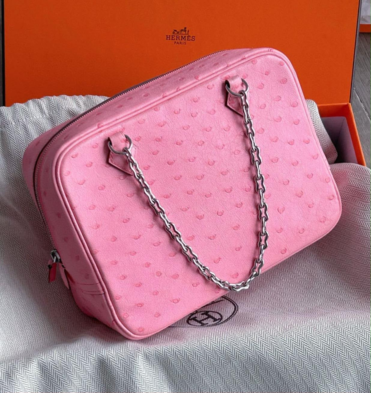 Hermes plume mini bubblegum ostrich palladium hardware