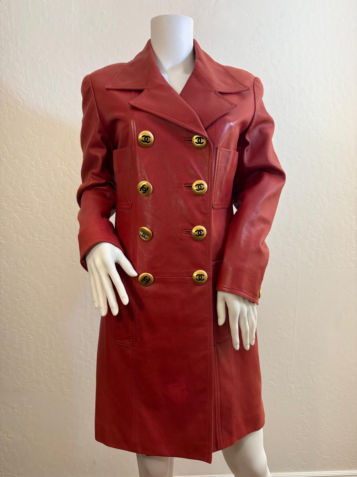 Chanel Vintage Double-Breasted Leather Coat. Size 38