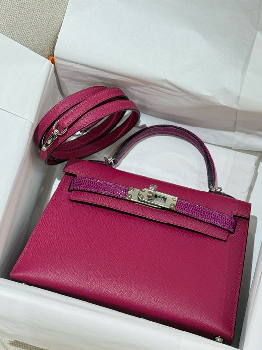 Hermes Mini Kelly 20 Touch Rose Pourpre Lizard/Madame Palladium hardware
