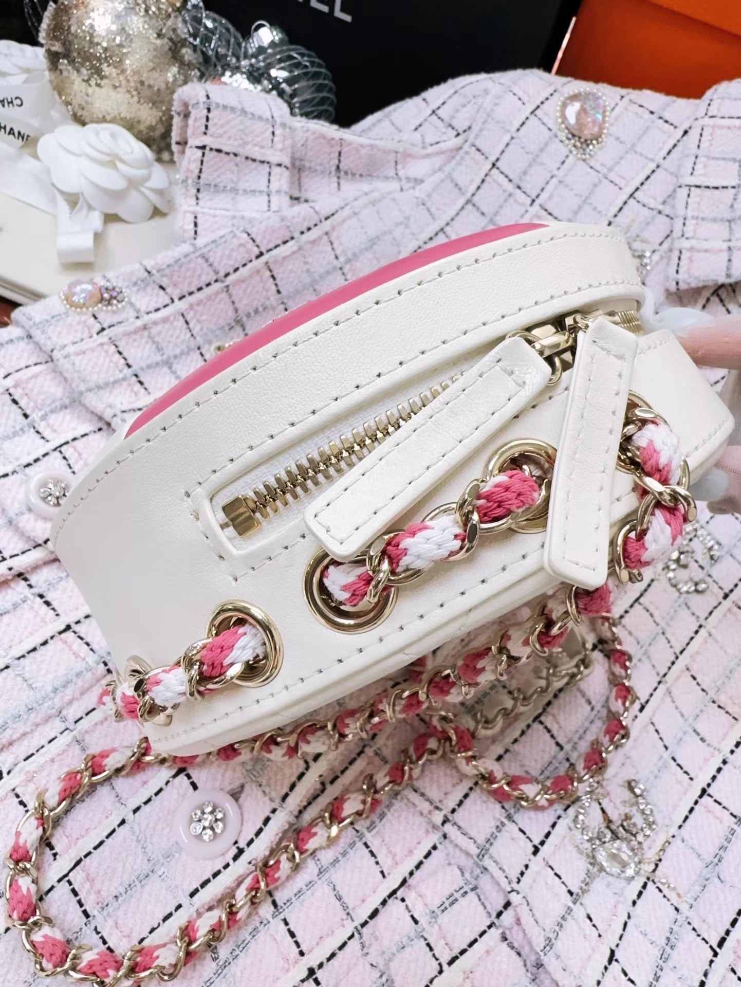 Chanel 19C Pink/White Lambskin Leather Coco Lifesaver Small Round