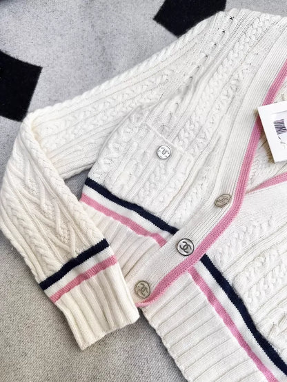 Chanel 23P ecru cardigan with pink trim
