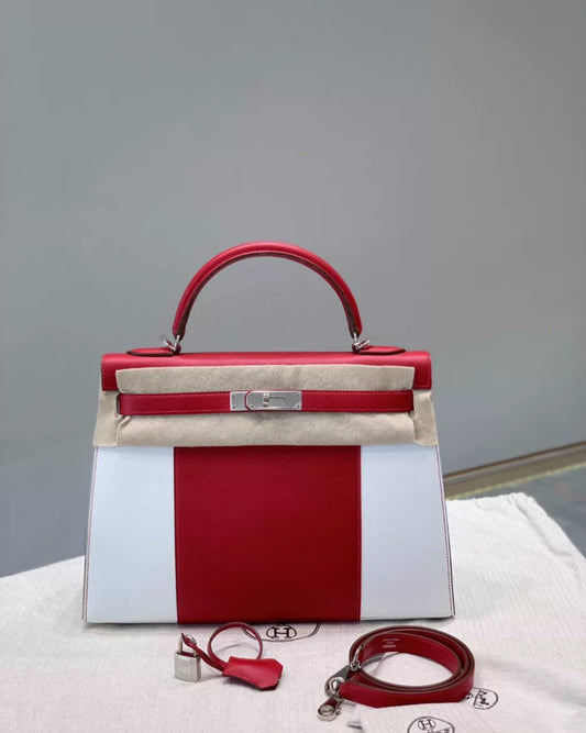 Limited edition Hermès Kelly 32 saddle in white and red epsom leather palladium Hardware