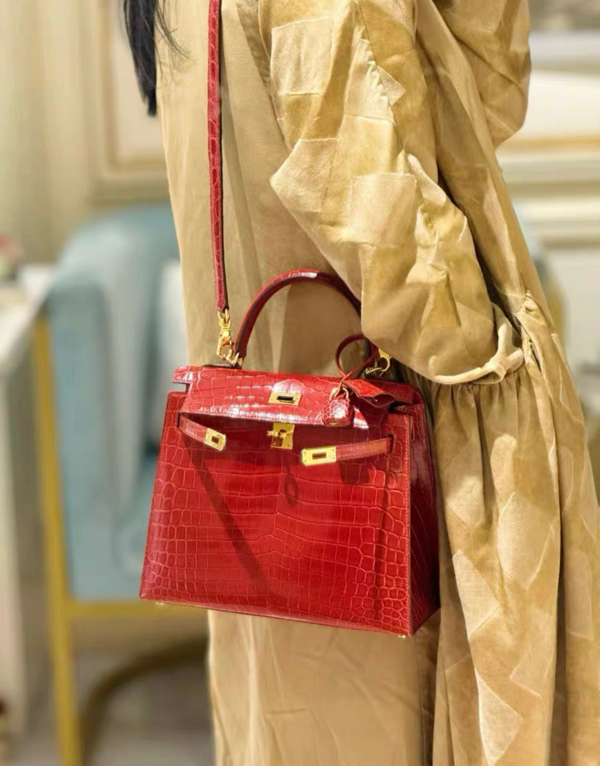 Hermès Kelly Sellier 25 Braise Shiny Porosus Crocodile Gold